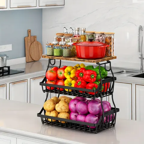 3 Tier Fruit And Vegetable Basket, Fruit And Vegetable Storage Cart, Wire Storage Basket For Onions And Potatoes, Fruit Bowl, Black Organiser Racks