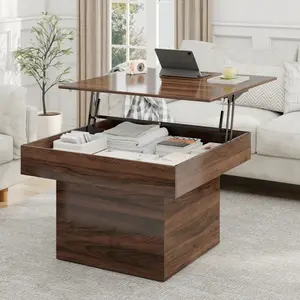 35.4 Inch High Lift Top Coffee Table with LED Lights & Hidden Storage - Modern Square Center Table with Lifting Top, High Gloss Large Storage Cabinet for Living Room, Bedroom, Home Office, Brown