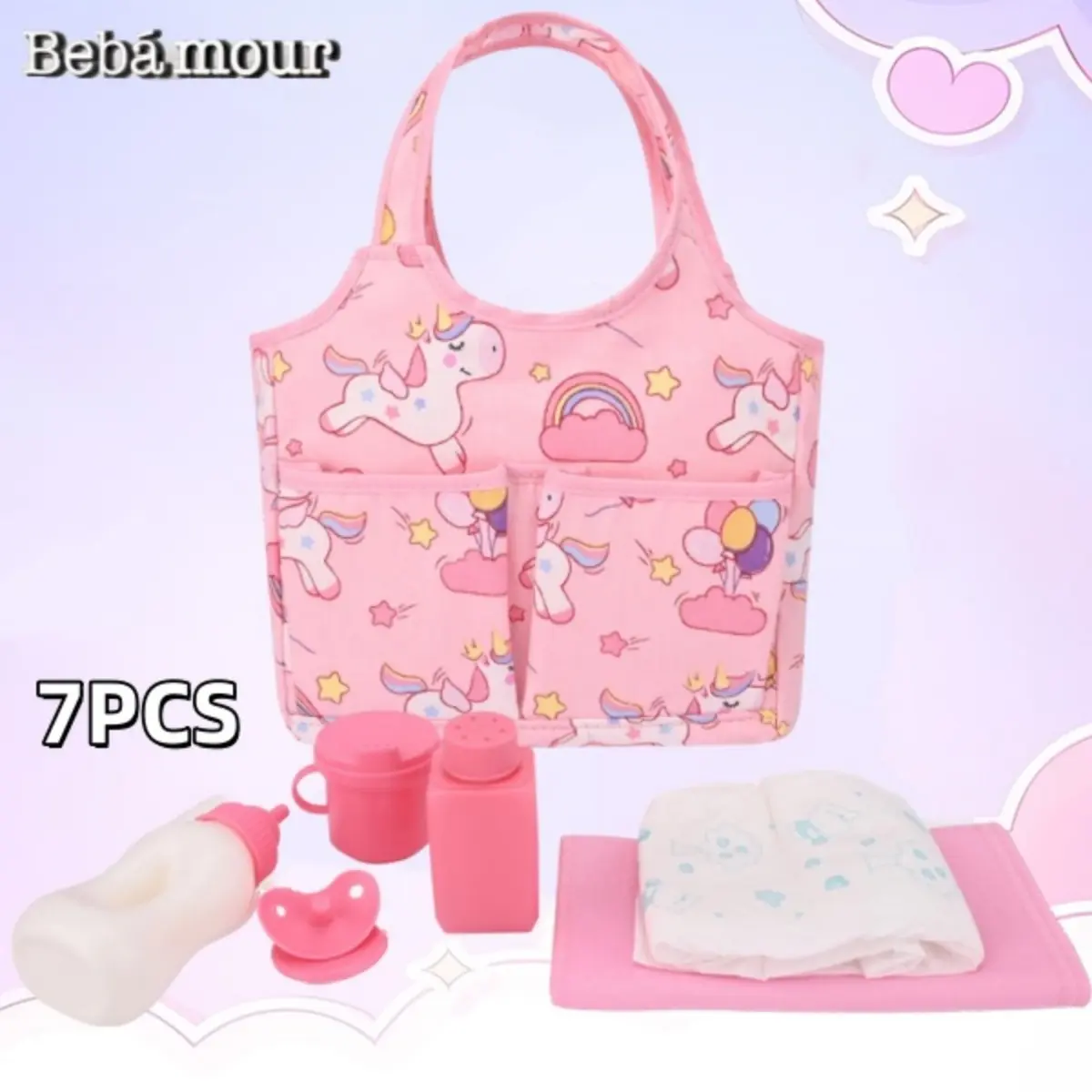 Bebamour Unisex 7-Pcs Portable Unicorn/Rabbit Baby Doll Accessory Set - High-Quality Fabrics, Comfortable Texture, Children Development Toy, Easy to Carry, Diaper Bag, Changing Pad, Bottles, Feeding Supplies, Fits 12-15 In Dolls, Boosts Creative Thinking