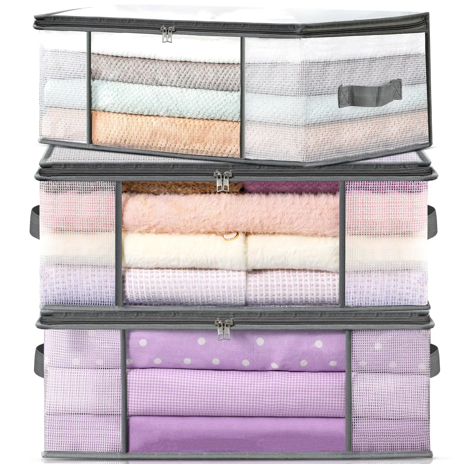 3-pack Clothes Storage Bags  Plastic Foldable Blanket Bins Closet Organizer Container For Bedroom Bedding Comforters Pillows And Clothing - 35l With Handles