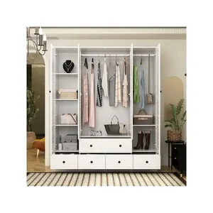 FUFU&GAGA Bedroom Wooden Large Wardrobe Armoire with Multi-Tier Shelves, 5 Drawers, Hanging Rod & 4 Louver Doors, Closet Storage Cabinet