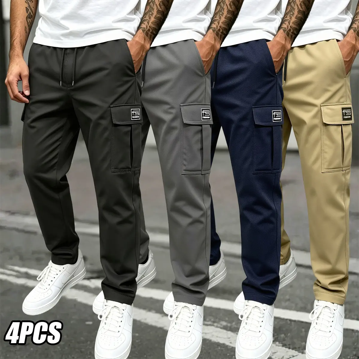 Men's Solid Color Cargo Pants, 4-Pack Casual Loose-Fit Work Pants with an Elastic Mid Waist and Multiple Pockets for All-Season Outdoor Wear, Black + Gray + Misty Blue + Khaki, Athletic, Polyester, All Seasons, Basic, Elastic Waist, Chic