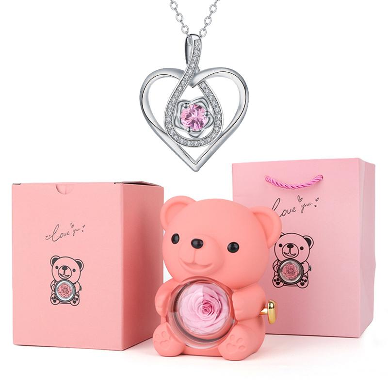 The Cutest Red Rose Bear with Heart Necklace – Elegant Flower & Rhinestone Design, Perfect Gift for Mom, Wife, or Girlfriend on Birthday, Anniversary, or Holidays (Thanksgiving, Christmas, Halloween)