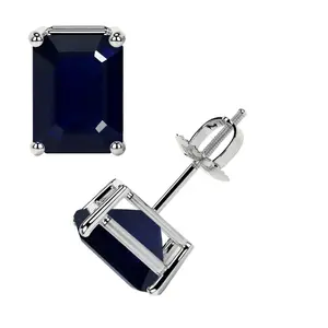 Classic Four Prong Emerald Cut Blue Sapphire Stud Earrings (2.20cttw)- EBS003-7X5-A