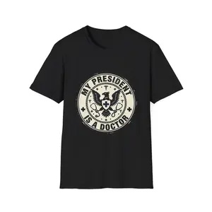 Men's Soft Knit Distressed Short-Sleeve Ribbed Flat-Fit Menswear T-Shirt - "My President Is A Doctor" Political Statement Tee with Presidential Seal Prints