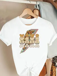 Vintage Mama Lightning Print Breathable Casual T-Shirt, Loose Fit Short Sleeve, Comfortable Cotton Fabric, Summer Essential for Women