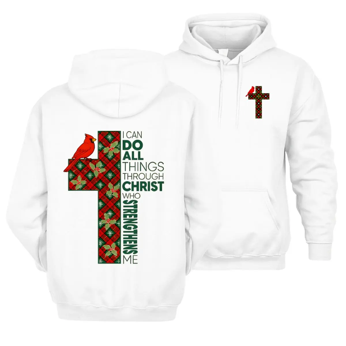 I Can Do All Things Through Christ Hoodie, Cardinal Bird Cross Christmas Sweatshirt, Religious Faith Graphic Hoodie For Men Women, Inspirational Christian Gift, Unisex Long Sleeve Pullover Shirt