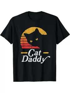 Vintage Cat Dad T-Shirt, Men's Retro Style Graphic Short Sleeve, Casual Daily Wear, Fashion Unisex Clothing, Polyester Fiber
