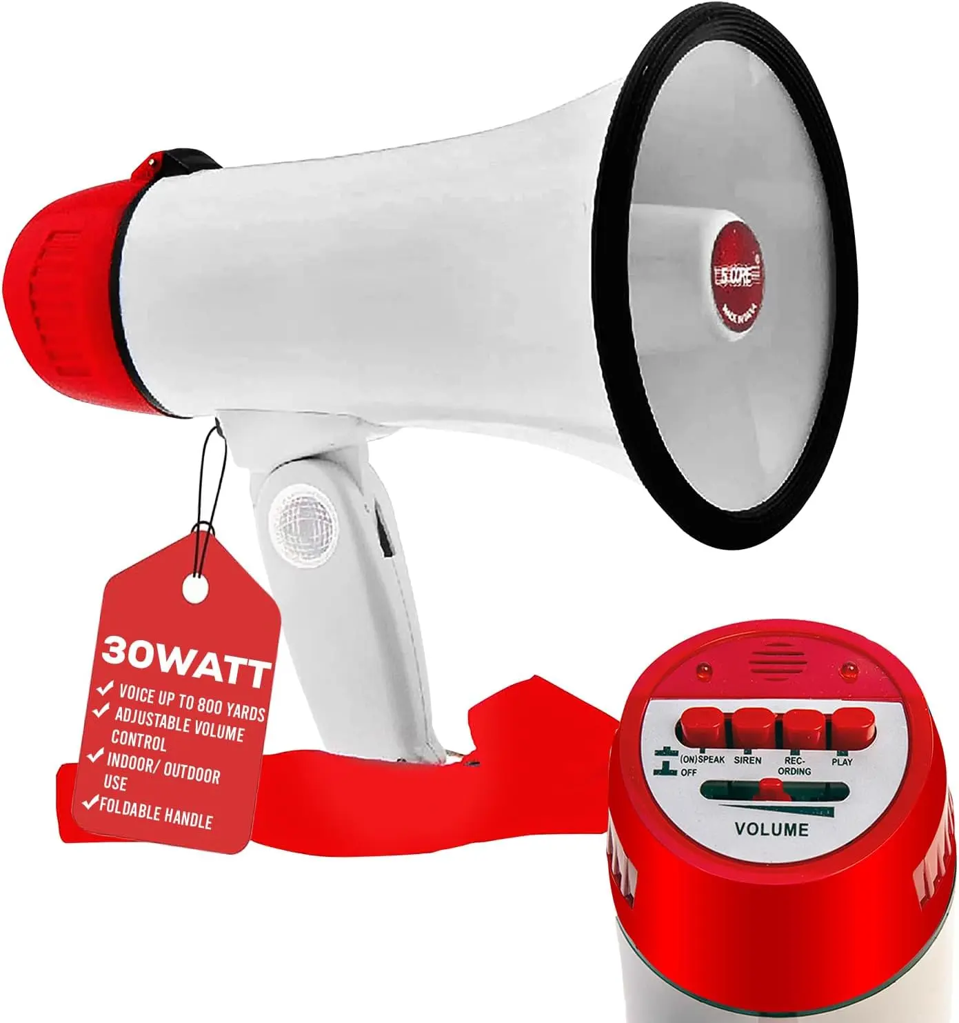 5 CORE Megaphone 30W Bull Horn PA Speaker w 800 Yards Range Loud Siren Voice Amplifier Lightweight Portable Megafono for Outdoor Sports Cheerleading and Coaches