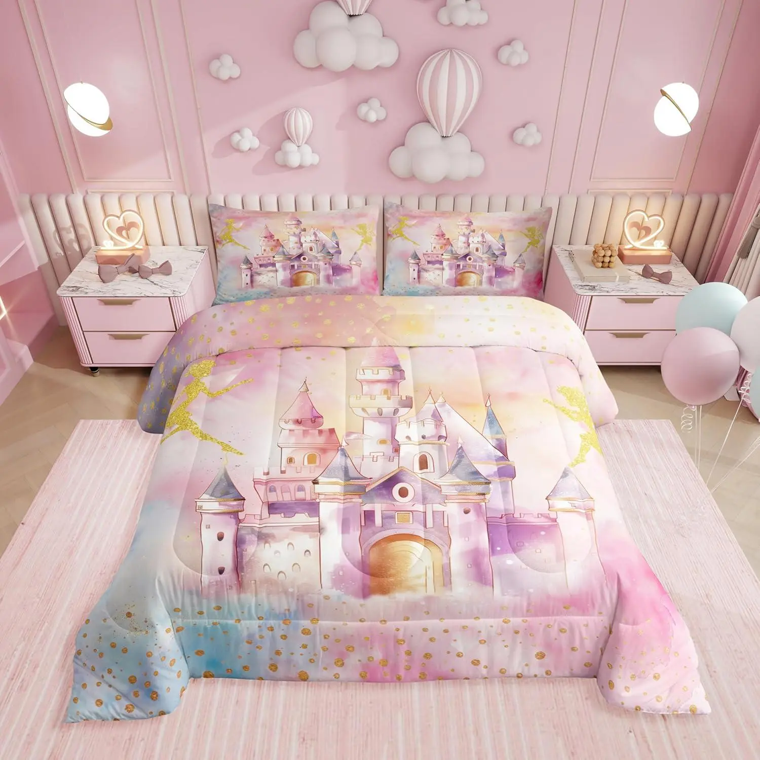 Feelyou Reversible Princess Printed Bedding Set - Breathable Kids Quilt, Dreamy Castle Fairy Theme, Cute Rainbow Design, U-Stitching, Travel-Friendly, Machine Washable, Multi-Size Girls' Room Decor