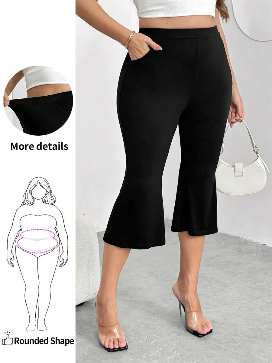 Blah Plus-Size Women's Stretch Capri Leggings, With Pocket Details, Flared Capri Pants, Playful And Casual Formal Office Black Summer