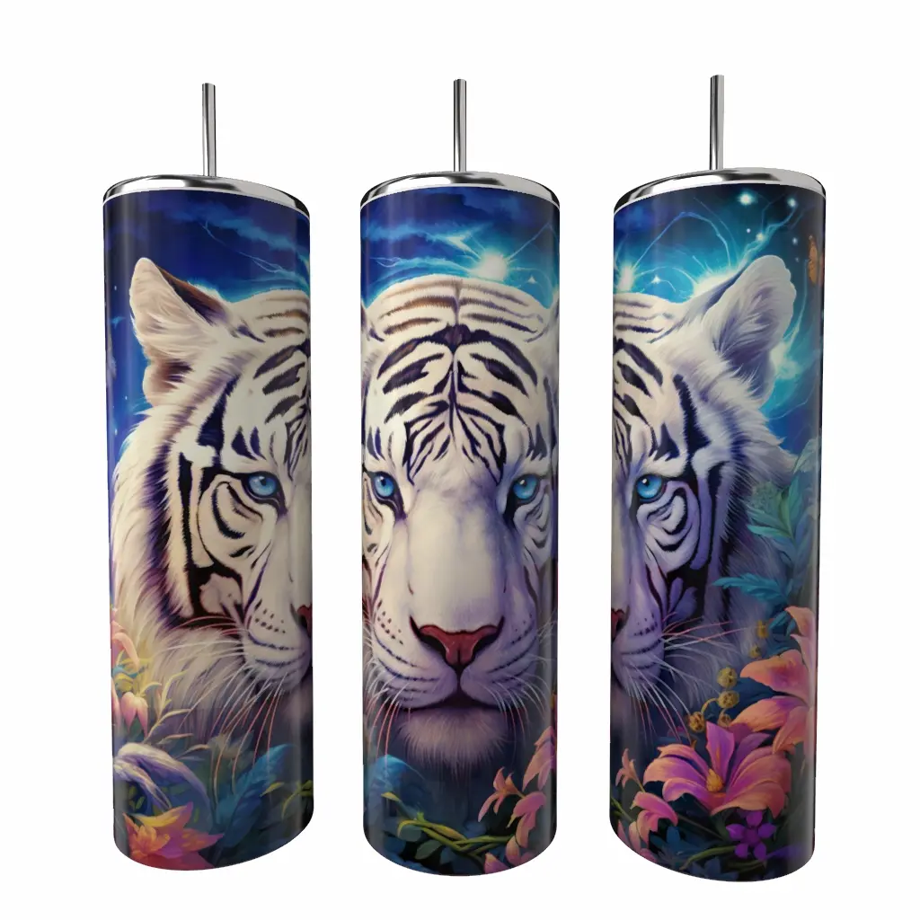 White Tiger 20 Oz Tumbler Skinny Portable Insulated Drinkware Stainless Steel Vacuum Insulated with Lid and Straw for Hot Coffee and Cold Drinks