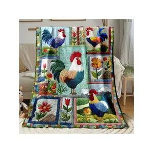 Vibrant Rooster & Floral Patchwork Cozy Quilt - Charming Countryside Themed Comfort Blanket