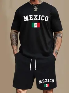 Men's Mexico Flag Print Short Sleeve Tee & Shorts Set, Menswear Regular Fit Casual Round Neck T-shirt & Track Shorts, Men's Summer Clothes
