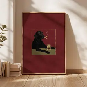 Dog Poster Retro Funny Animal Wall Art Cool Black Dog with Cigarette and Whiskey Print for Unique Decorations