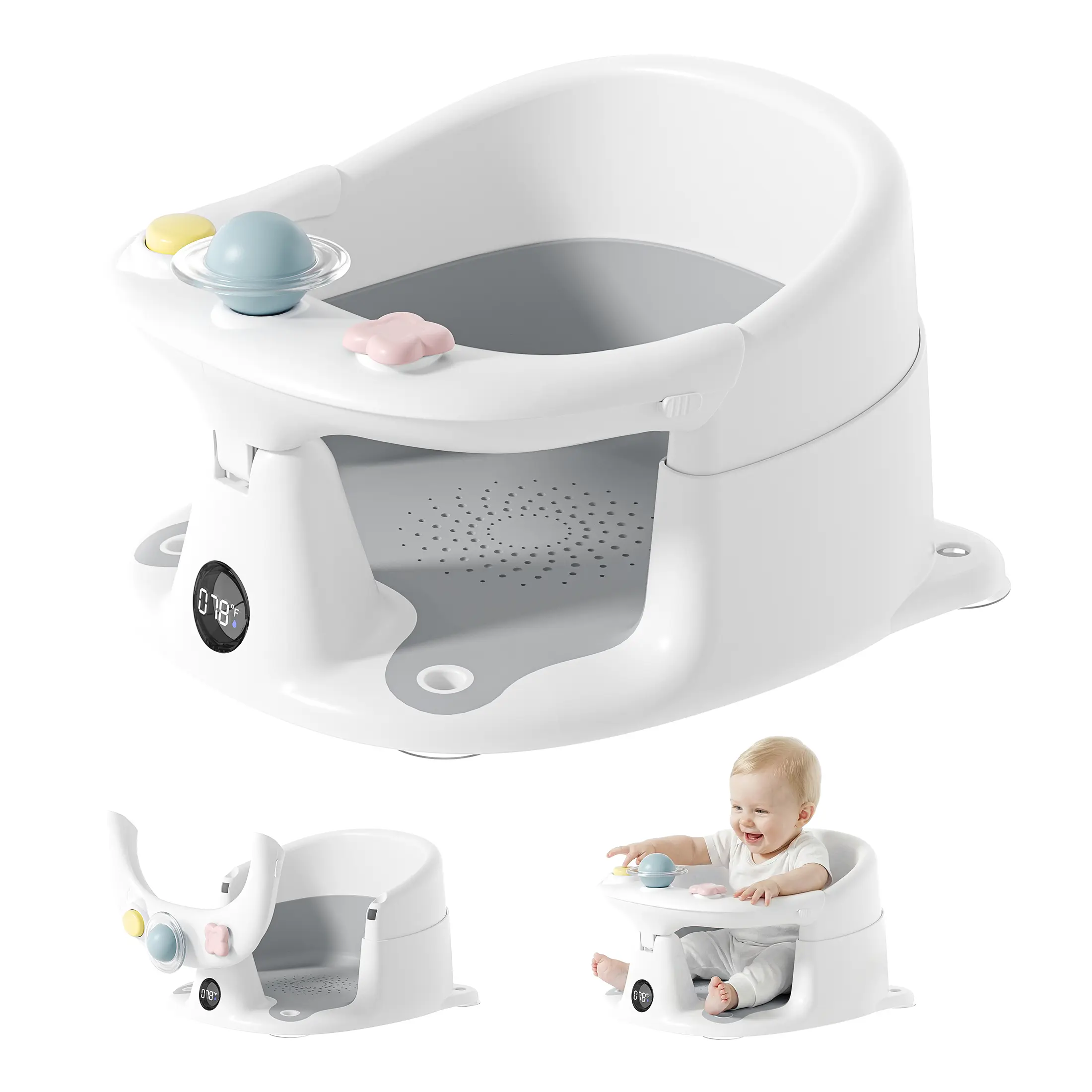 BabyBond Baby Bath Seat for Newborn Girl & Boys with Built-in Thermometer, Strong Suction Cups & Sensory Toys, Non-Slip, Comfortable Infant Bath Seat for 6 Months & Up Sitting Up, #Summervibes