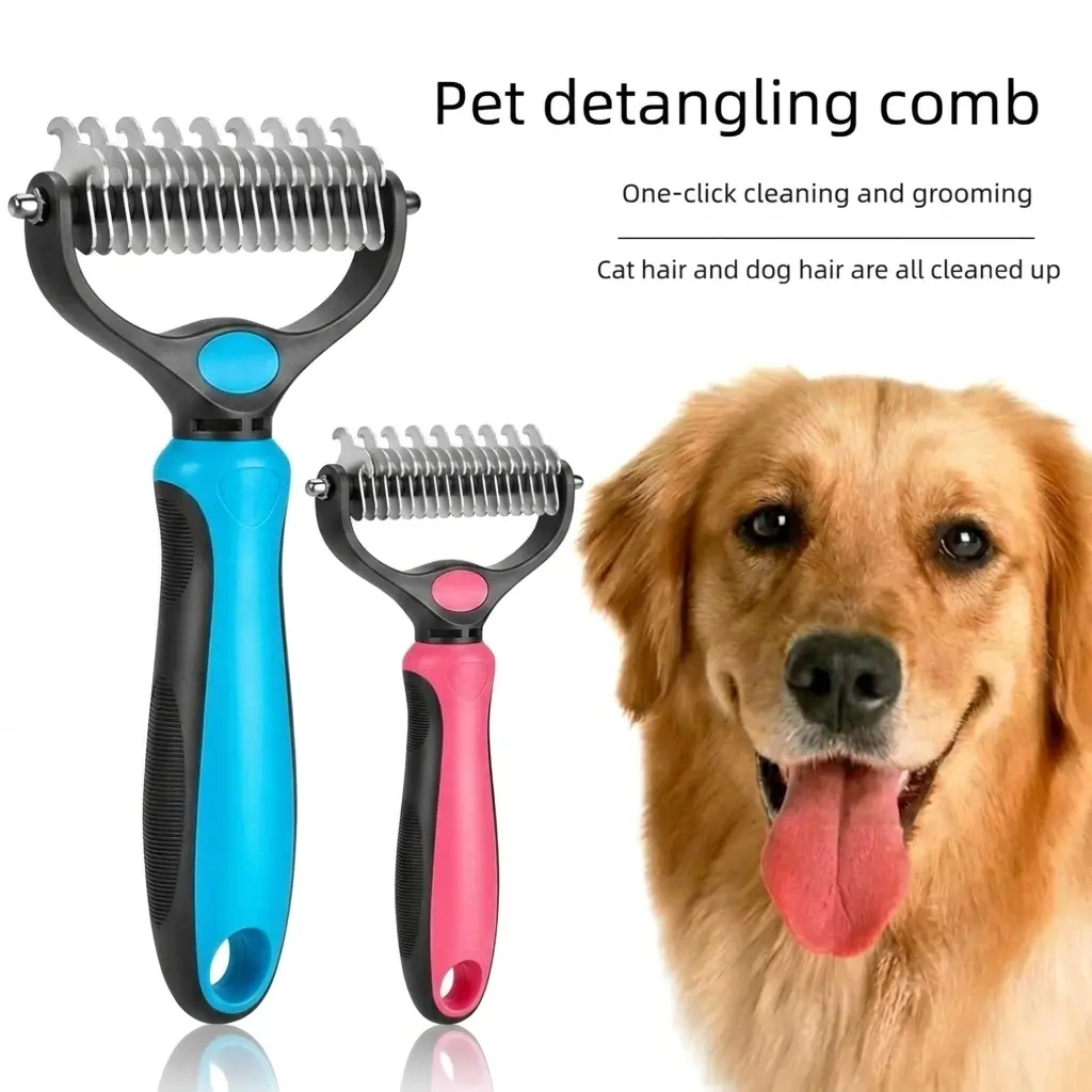 New Pain-Free Dematting Undercoat Rake for Long-Haired Dogs & Cats, Dual Shedding Brushes with Double-Sided Design, Deshedding Grooming Tool for Tangles & Fur Removal, Reduces Loose Hair & Mats Easily