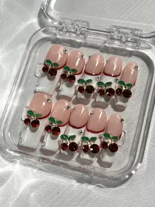 3D Reusable Handmade Press-On Nails – Acrylic Square Shape, Cherry Design, Natural Finish | Durable & Stylish for a Salon-Perfect Look Sparkly Rhinestones nail