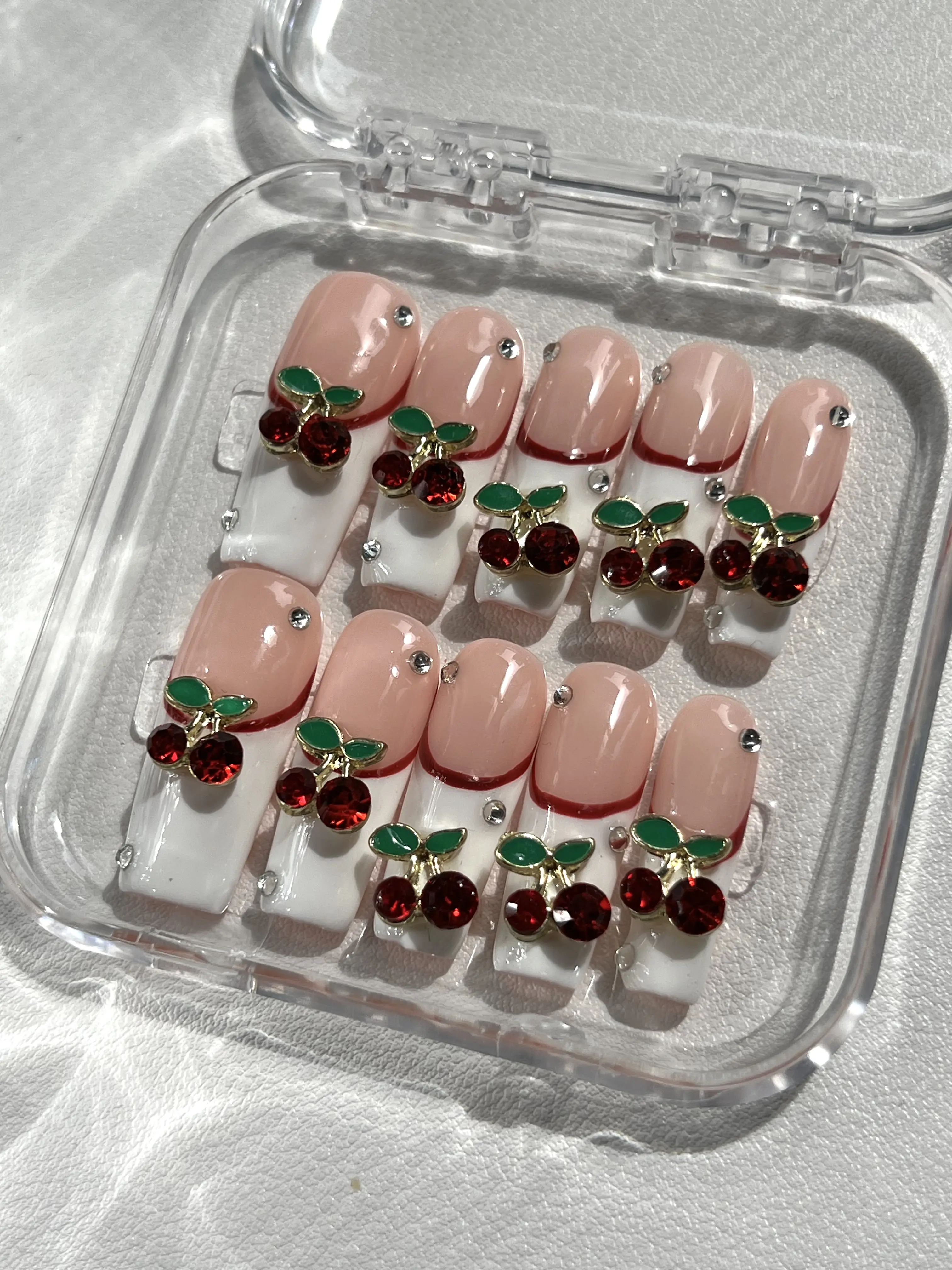 3D Reusable Handmade Press-On Nails – Acrylic Square Shape, Cherry Design, Natural Finish | Durable & Stylish for a Salon-Perfect Look Sparkly Rhinestones nail