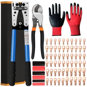 Sanuke Battery Cable Lug Crimping Tool Kit with Cable Cutter 60pcs Ring Terminals 60pcs Heat Shrink Tubing & Gloves for AWG 10-1/0 Electrical Lugs
