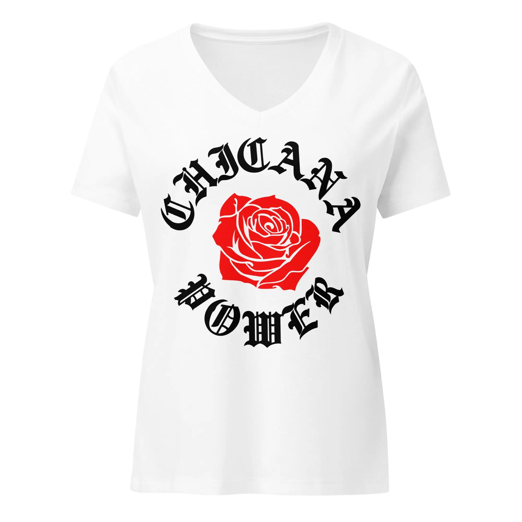 Chicana Power II Red Rose - Women's Relaxed V-neck Cotton Fabric