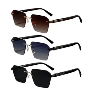 3 Pack Rimless Rectangle Sunglasses for Men Women - Trendy Gold Metal Detail Frameless Shades with Gradient Lens UV400 Protection, Luxury Retro Fashion Sun Glasses for Summer Beach Vacation Driving & Street Style