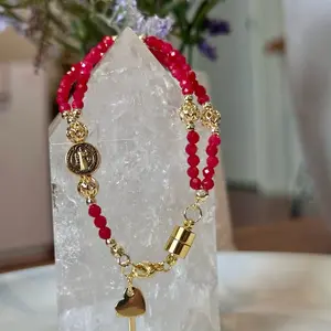 Rosary Bracelet with Red Jade Beads Gold Accents and Heart Charm for Spiritual Jewelry