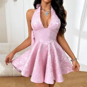 Women’s Bow Tight Party Short Skirt Sweet Sleeveless Deep V‑Neck Lace‑Up Slim Mini Dress GARMENTARY