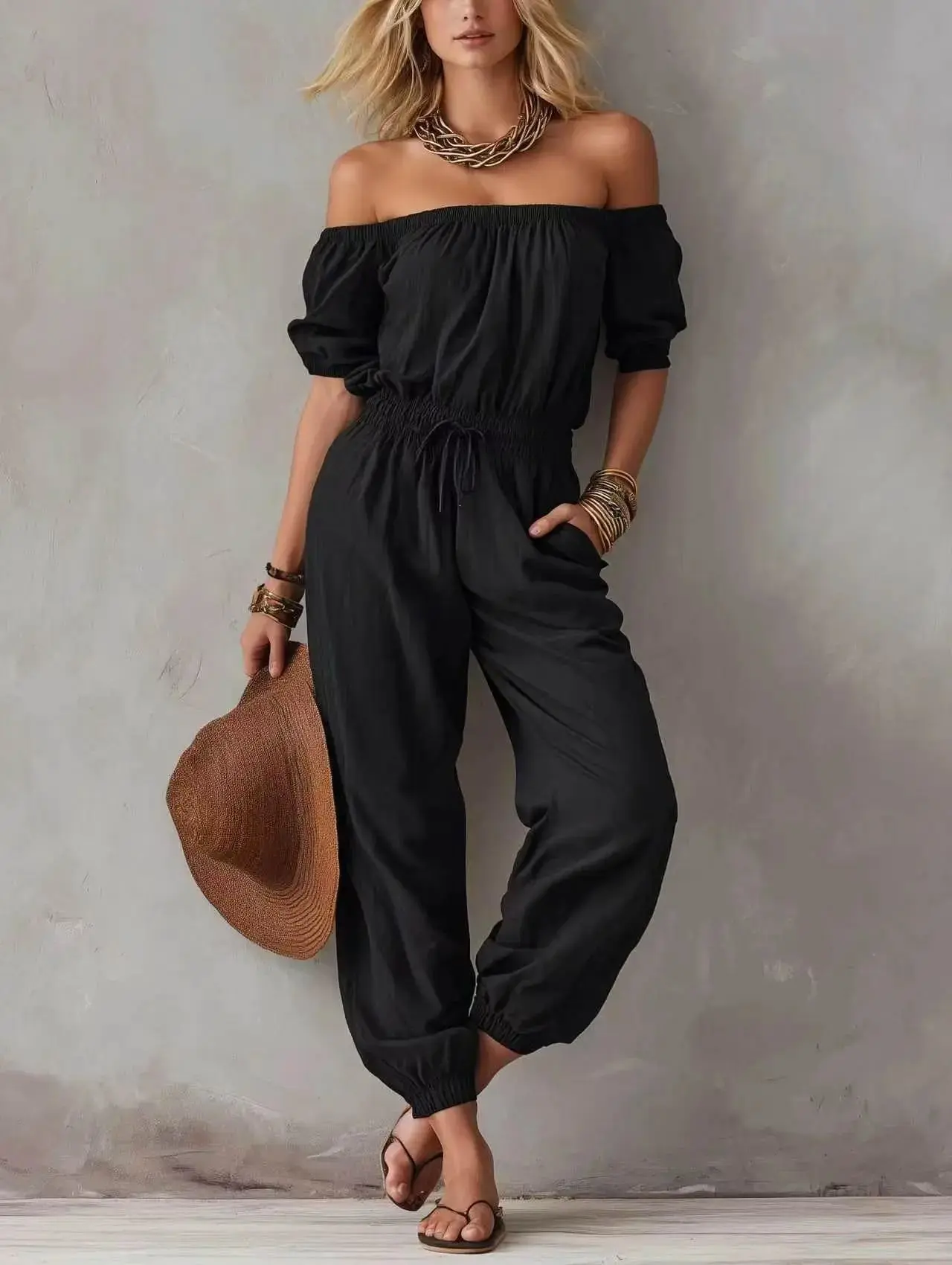 Women's Chic Off-Shoulder Jumpsuit, Relaxed Fit Polyester Fabric with Short Sleeves, Pockets, and Lace-Up Waist, Multi-Size