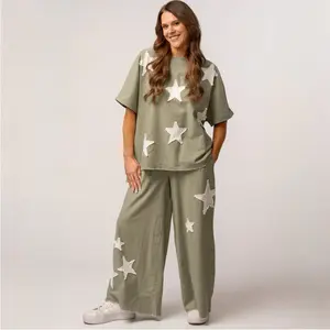 You’re a Star Top and Pants Set - Olive Green Cotton and Linen Set with Stars, Short Sleeves, Comfortable Fit, Cute Design for Women Womenswear Clothes