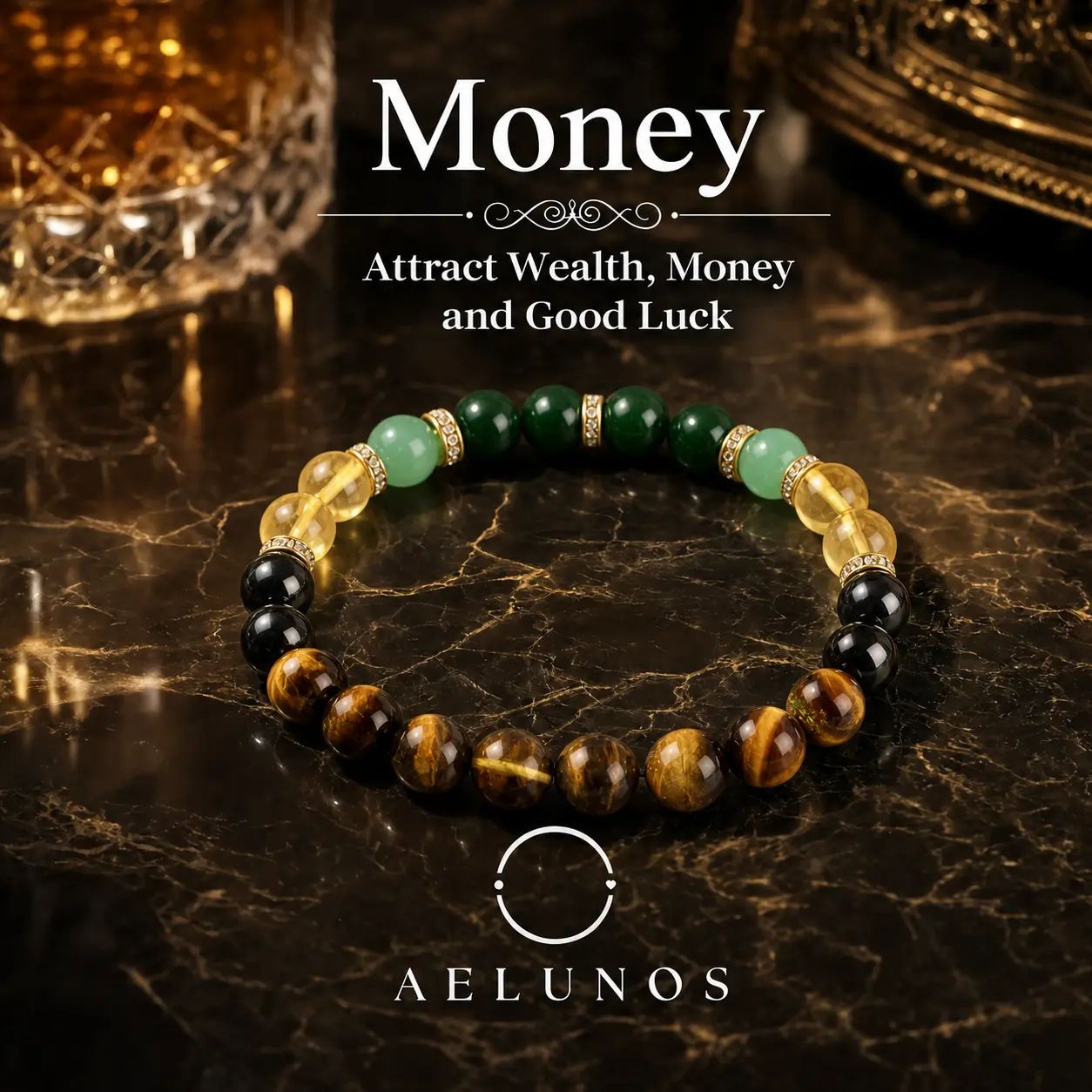 AELUNOS Unisex Natural Stone Money Bracelet with Tiger's Eye Beads, Geometric Prosperity Jewelry, Gift-Ready Encouragement Gift for Birthday, Anniversary
