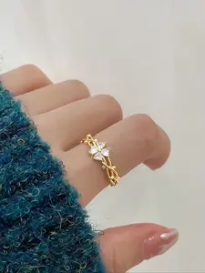 Elegant Adjustable Four-Leaf Clover Flower Ring, Copper Zirconia Inlay, Open Design, Fashion Jewelry for Women, Unique Style Accessory