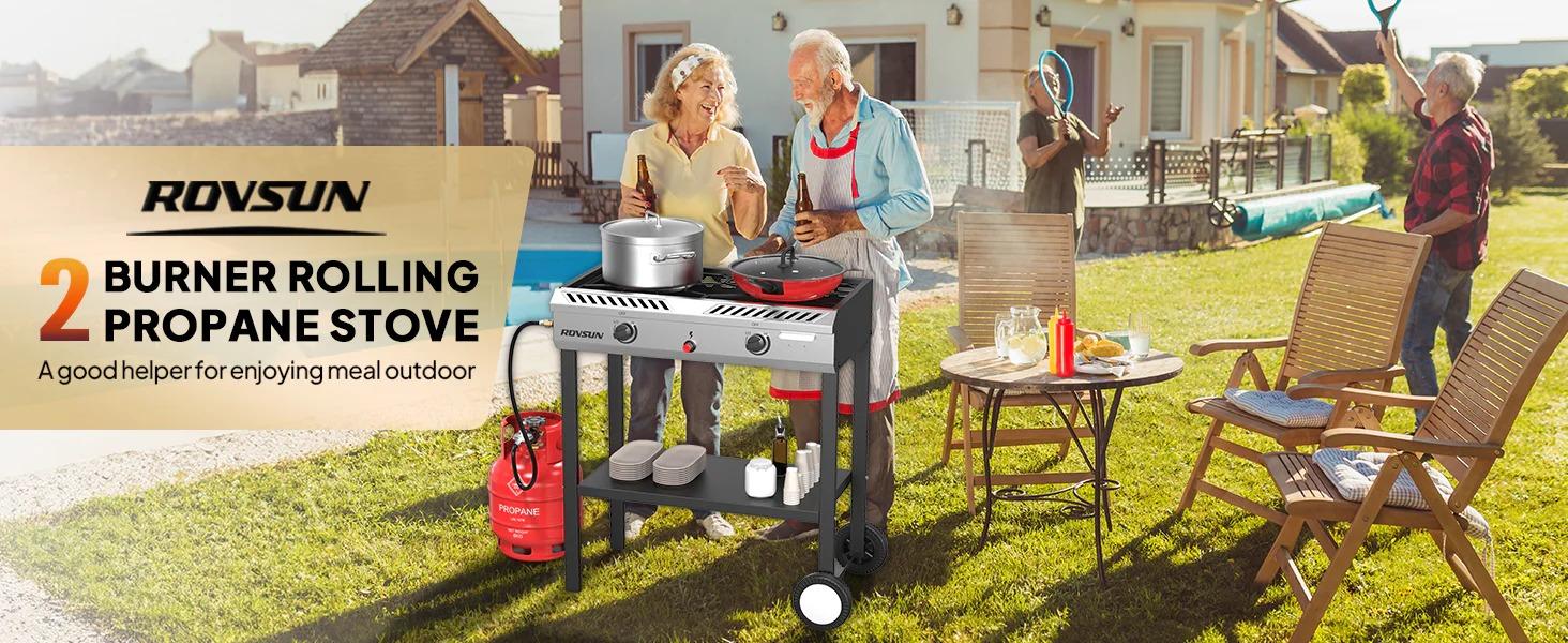 [TOP RATED - FLASH SALE] ROVSUN 2-Burner 150000 BTU Camping Propane Stove with Wheels