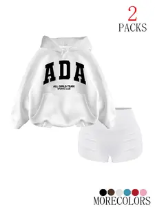 Women's Fall Winter Hooded Sweatshirt Set, Casual Loose-Fit Thick Fabric, Ada All Girls Team Print, Fashion Pocket Design