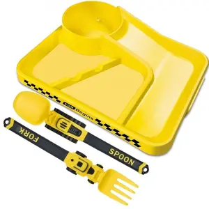 1Set Colorful Tableware Set, Cartoon Racing Dinner Plate Fork Spoon for Toddlers, Kids Self Feeding Utensils with Divided Plate, Easy Hold Dishwasher Safe for School Home Travel