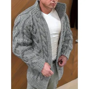 Plus Size Men's Casual Sports Sweater Cardigan, Thick Knit Cardigan, Made of Thick Wool, Classic Cable Knit Pattern, Single-Breasted Closure, Long Sleeve Loose Fit, Casual Autumn Winter