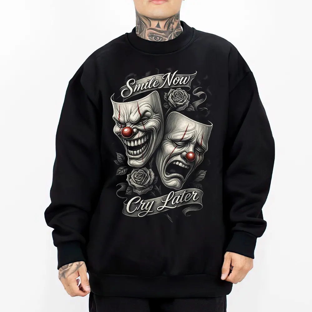 Smile Now Cry Later Silver Design Chicano Clothing Hoodies for Men Men's SMNCL4 Streetwear Lowrider Graphic Tee Unisex Loose Fit 50% Cotton 50% Polyester - Fabric, Menswear Oversized Casual
