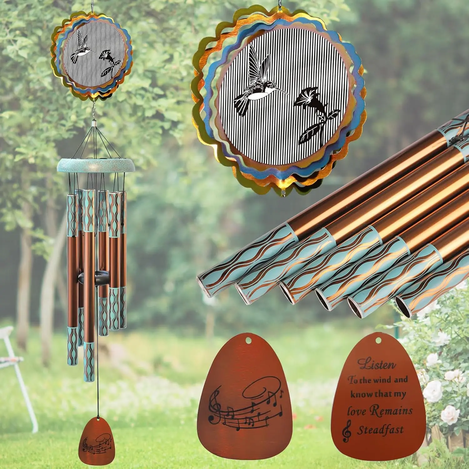 Wind Chimes for Outside with 3D Animations Hummingbird Wind Spinner,37" Memorial WindChimes Outdoor Hanging Decor,Hummingbird  for Women Mom Grandma Wife,Garden Ornaments