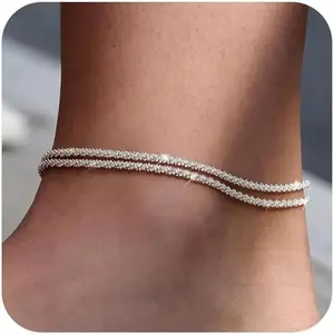 Dainty Layered Waterproof Anklet For Women Adjustable Womens Anklet Set Stackable Figaro Beaded Cuban Link Anklets Beach For Summer Gold Plated Bracelet