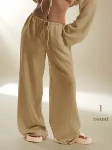 Women's Solid Color Textured Fabric Drawstring Casual Pants, Commuter & Home Relaxation, Daily Versatile, Fitted Style