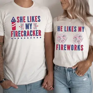 Matching 4th of July Couple Shirts: "Firecracker/Fireworks" Tees, Just Here for the Fireworks USA Flag, Humor Gift for Sarcastic Patriotic Couple, Couple T-shirts, Family T-shirts