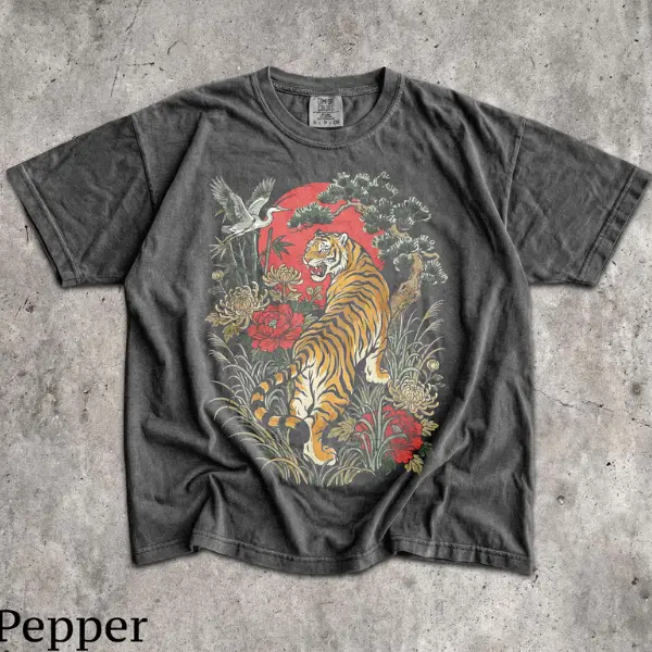 [SALE 60%] Japanese Tiger Crane Shirt, Vintage Asian Art T-Shirt, Traditional Oriental Tiger Graphic Tee, Retro Japanese Tattoo Style Shirt