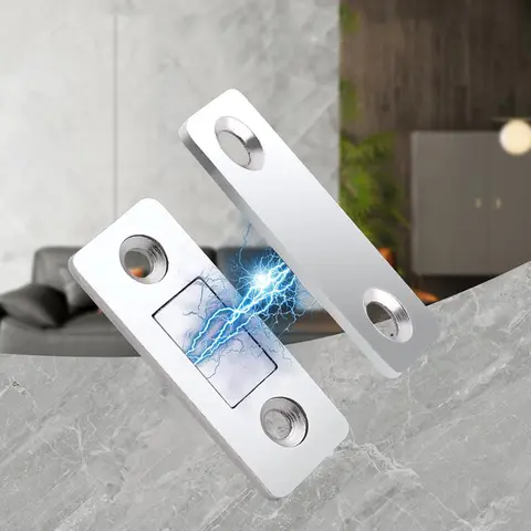 Magnetic Cabinet Latch - 0.11 in Thick Adhesive-Mounted Holder, Easy-to-Use No-Punch Stick-On for Sliding Wardrobe Doors, 3-Step Tool-Free Setup, Firmly Attached to Wood/Glass/Metal Surfaces, Long-Lasting