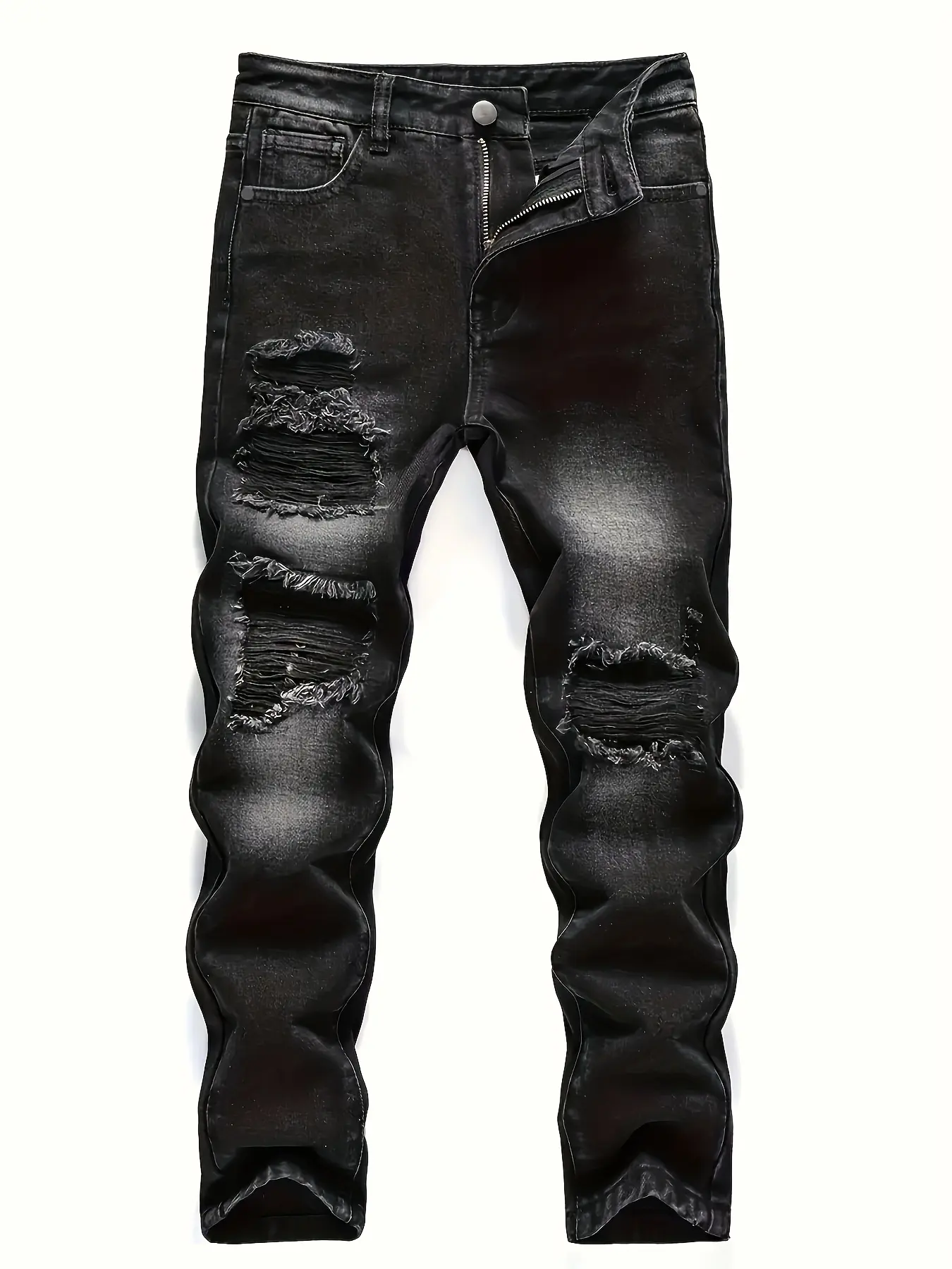 Men's Skinny Fit Jeans Pants with a Streetwear Ripped Look and Patch Details, Stretch Cotton Blend Trousers in Regular Sizes, Elastic, Smooth, Denim Skinnies