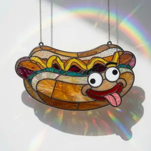 Funny Hot Dog Acrylic Suncatcher, Fun Food Window Hanging Ornament, Cute Meme Fast Food Art Gift, Funny Home Decor For Mom, Dad, Friends, Fast Food Lover, Colorful Stained Glass Style Kitchen Decor, Unique Gift for Food Lovers, Hologram Hot Dog SunCatcher