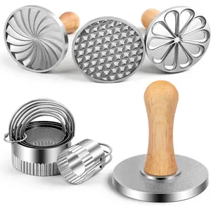 Cookie  Set of 8, 3 count Metal Cookie Press Mold with Wooden Handle, 5 Size Cookies  Tool, Cookies Embossing  Mold for DIY Baking, Cake, Christmas, Pastry, Easy to Use,  Package