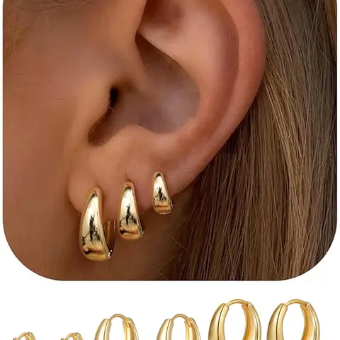 3Pairs set 𝐆𝐨𝐥𝐝 𝐇𝐨𝐨𝐩 𝐄𝐚𝐫𝐫𝐢𝐧𝐠𝐬 Set for Women Trendy Chunky Huggie Dainty Earrings Jewelry Ear Accessories for Women Teens Hoop Earring Sets
