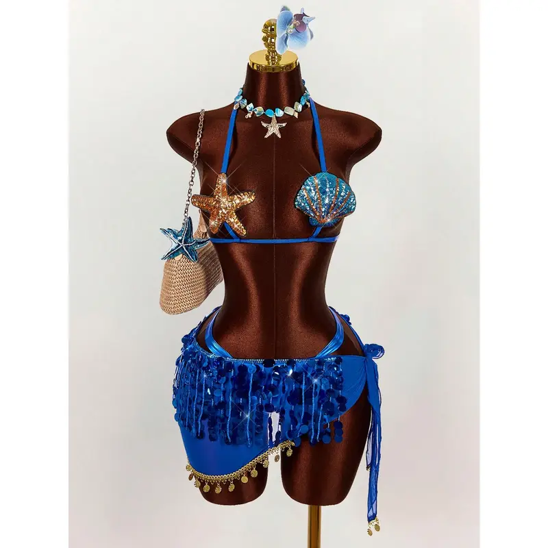 Women's 3-Piece Beachwear Swimsuit Set - Sea Fancy Swimsuits, Coastal Shell & Starfish Details, Beaded Skirt, Music Festival Wear, Hand Wash Only, Spring/Summer Vacation Honeymoon Swimwear