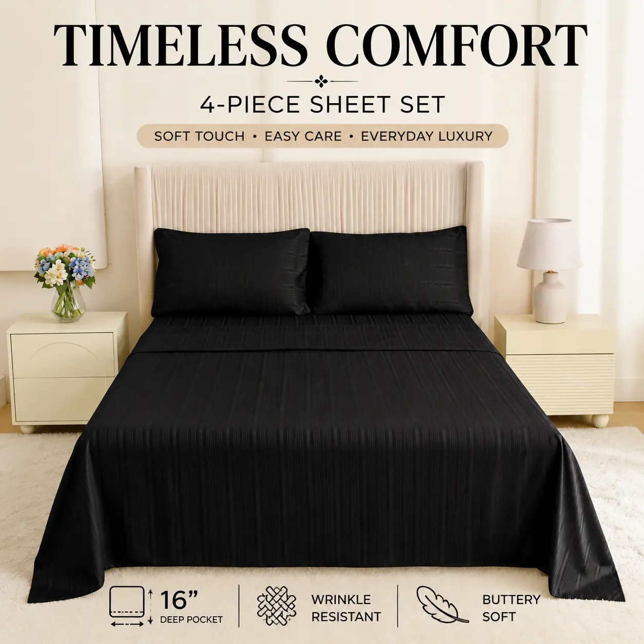 CANSUNCH Luxury Hotel-Style 4-Piece Bed Set, Premium Satin Jacquard Microfiber Bedding, Soft Deep-Pocket Sheets for 16 in Mattress