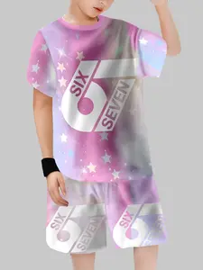 Boys' Dreamy Trendy Cute Short Sleeve Two-Piece Set, Youth Kits, Star Gradient Design, Casual Fitted Style, Crop/short Length, Cartoon Pattern